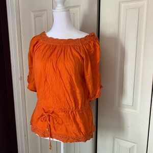 Dressbarn Orange Puff Sleeve Smocked Blouse